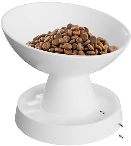 Comedero de Cerámica para Gatos, Pawinner Plato Elevado para Mascotas, Diseño Inclinado 15°, Barrera Antihormigas, Fácil Limpieza, Base Estable, para Gatos y Perros Pequeños, 250 ml, Blanco