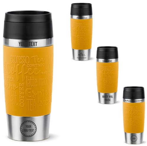 Emsa Travel Mug Classic mit Gravur 360ml – Personalisierter Thermobecher mit Namen oder Logo, Isolierbecher für Kaffee & Tee to Go, Edelstahl, Quick Press Verschluss, 100% auslaufsicher (Gelb)