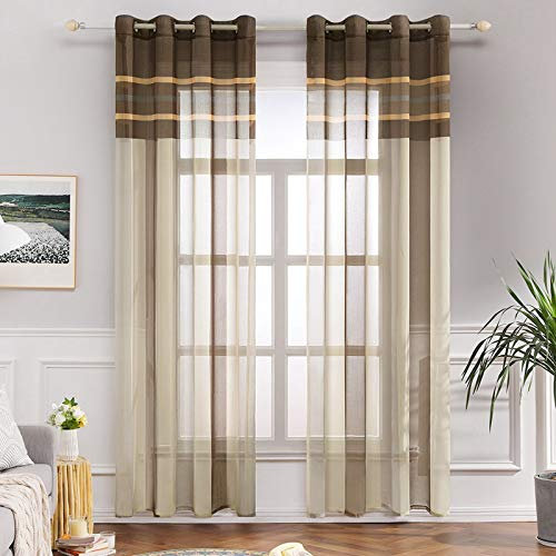 MIULEE Voile Vorhang Transparente Gardine aus Voile mit Ösen Schlaufenschal Ösenschals Transparent Fensterschal Wohnzimmer Schlafzimmer 2er Set 140x245 cm Weiß + Hellbraun
