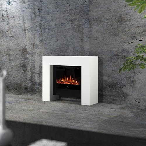 muenkel design BRIDGE - Elektrokamin Standkamin Kamin-Ofen - 930 mm breit inkl. PARIS 660 Elektroeinsatz mit Heizfunktion – weiß warm