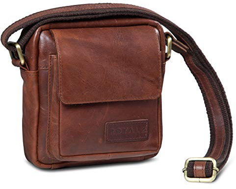 ROYALZ 'Austin' Moderne Echtleder Umhängetasche Klein Herren Schultertasche Mini Messenger Bag Vintage Ledertasche zum Umhängen Kleine Männer Schultertasche, Farbe:Roma Cognac Braun