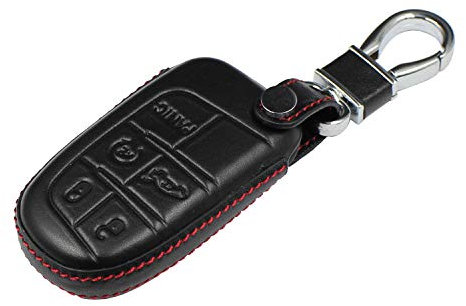 M.JVisun Véritable Cuir Coques de Clés Porte-clés pour Dodge Challenger Charger Durango Journey RAM/pour Chrysler 200 300 300C / pour Fiat 500 500L 500X Intelligent Clé de Voiture - Cuir - Noir