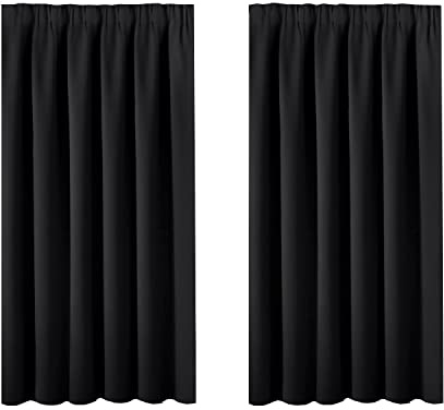 BellaHills 100% Blackout Curtains Room Darkening Black Curtain - Modern Design Light Reducing & Privacy Protection Short Window Drape/Drapery for Kid's Room 66 x 54 Inch, 2 Panels, Black