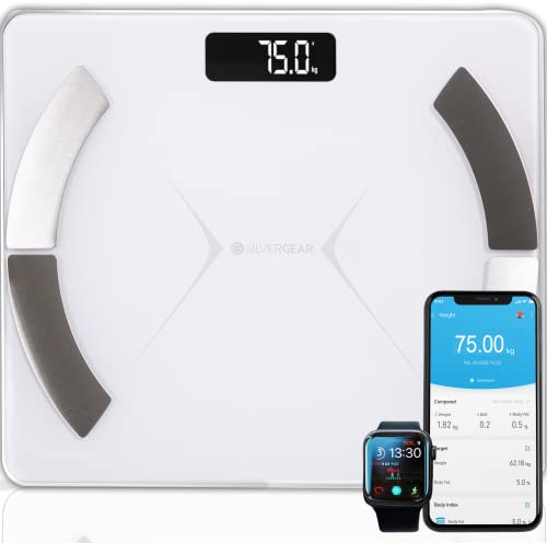 Silvergear® Balance Pèse Personnes Conectée | Balance Impedancemetre pour Masse Graisseuse et Muscle | Pèse Personnes Bluetooth avec App | Mesure IMC, Protéines, Masse Osseuse, BMR | Blanc