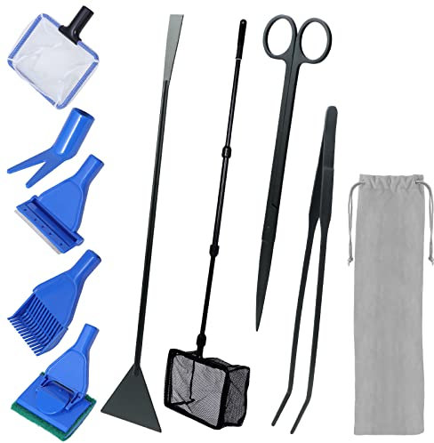 Kit D'outils de Nettoyage 9 en 1 pour Aquarium, épuisette de Poisson, Râteau, Fourche, Grattoir, éponge et Acier Inoxydable, Kit D'outils D'aquarium