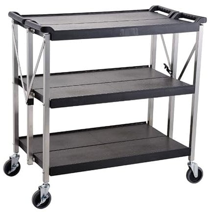 METRO Professional Servierwagen GFT1003, Rollwagen klappbar, 4 Räder mit 2 Bremsen, 3 Etagen, 50kg pro Ablage, schwarz
