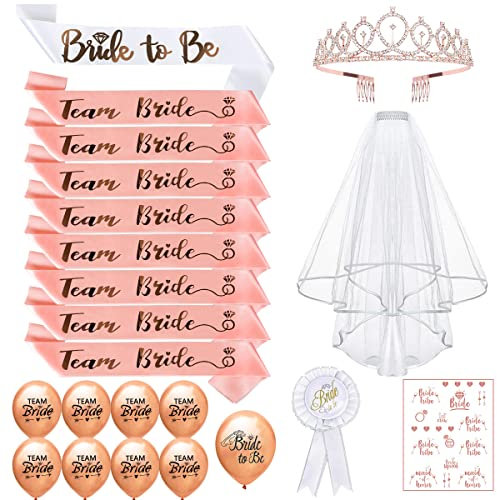 iZoeL Bride to be Schärpe, 8x Team Bride Schärpe, Hochzeit Schleier, Krone Braut, Brautabzeichen, 8x Rosegolde Luftballon, Tattoo JGA Schärpe JGA Accessoires Junggesellinnenabschied