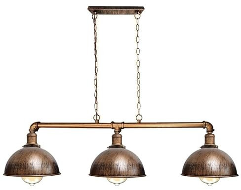 DC VOLTAGE 3 Light Industrial Ceiling Pendant Brushed Copper Metal Water Pipe Vintage 21cm LampShade with Hanging Chain Light Fitting for Living Room Restaurant Café (Brushed Copper with Bulb)