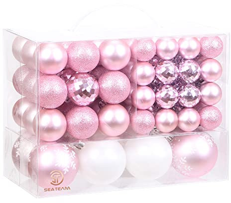 Sea Team 99 Stück sortierte Weihnachtskugel-Ornamente, bruchsicheres, saisonales, dekoratives Hängekugel-Set mit wiederverwendbarem Geschenkpaket für Feiertags-Weihnachtsbaum-Dekorationen, Pink