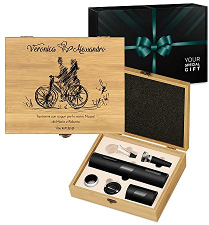 Maverton Stappa Bottiglie Elettrico - Set Accessori Vino + Cavatappi Birra - da 6 Pezzi - Personalizzato a Stampa - Scatola in Legno di bambù - 27x22x7 cm - per Le Coppie - Bici