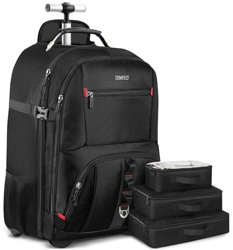 ZOMFELT Backpack with Wheels, 17.3 Inch Rolling Backpack for Men Women, Waterproof Rucksack on Wheels with 3 Packing Cubes, Laptop Roller Cases for Business Work College School, Black