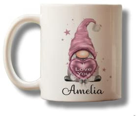Personalised I Love You Mug with Gnome Gonk and your name perfect Valentine birthday Christmas present gift pink grey