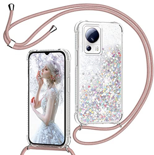 TUUTPU Handykette für Xiaomi 13 Lite Hülle mit Band, Glitzer Treibsand Handyhülle mit Kette, Transparent Stoßfest Schutzhülle mit Kordel zum Umhängen - Quicksand Case mit Schnur in Rosé-Gold