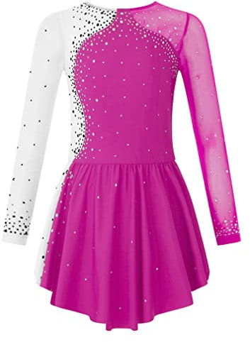 MSemis Kinder Mädchen Eiskunstlauf-Kleid Langarm Ballettkleid Ballett Trikot Gymnastikanzug mit Glitzer Strass Turnbody Wettbewerb Kostüm Gr. 104-164 F Rose 146-152