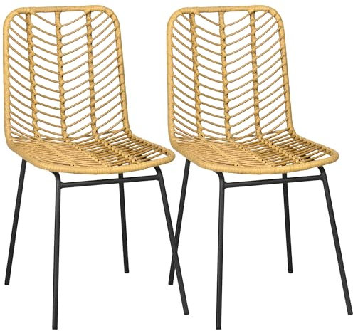 HOMCOM 2er-Set Esszimmerstuhl Küchenstuhl Wohnzimmerstuhl mit Rückenlehne Essstuhl mit Rattenoptik für Esszimmer Wohnzimmer Stahl Gelb 44 x 58 x 85 cm