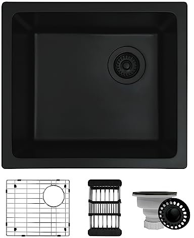 MONSINTA Fregadero de bar, fregadero de barra de 19 x 17 pulgadas, fregadero de cocina bajo encimera con accesorios, fregadero de cocina de granito, fregadero de cocina negro mate