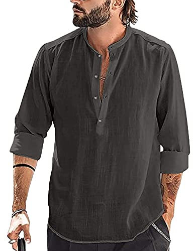 YAOBAOLE Chemise en Lin Homme Chemise Homme Manches Longues Regular Fit Chemises Legere Hommes Été Henley Shirt Hommes Gris Foncé M