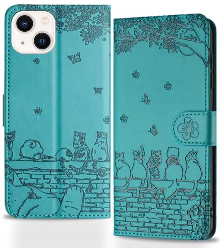 Butnyeoe for iPhone 13 Phone Case with Card Holder and Strap Magnetic, iPhone 13 Flip Case for Women Cute Cats Leather Wallet Cover-Blue Green