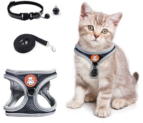 Verstellbare katzengeschirr Set mit Leine, Softgeschirr Katzengeschirr mit Reflektierenden Streifen Leine Ausbruchsicher Atmungsaktive Katzenleine mit Geschirr für Katzen M & S Schwarz