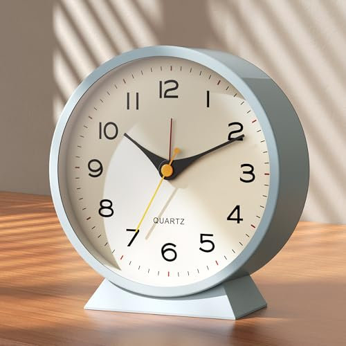 AYRELY®4.5 Analogue Alarm Clock, Small Retro Metal Desk Clock, Battery Operated, Silent and Non-Ticking, with Night Light for Bedside, Bedroom, and Living Room Decor (Light Blue)
