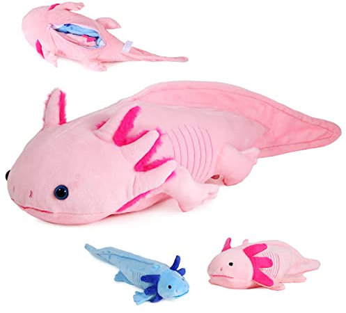Lilizzhoumax Peluche Axolotl con 2 Piccoli, Simulazione Animale, 3 Pezzi Soft Capybara Plush Toy Zippers Playset, Bambole Selvatici