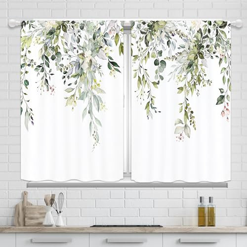Yorida Tende da cucina verde salvia lunghezza 91,4 cm 2 pannelli acquerello foglie di eucalipto tende per finestre bagno piante corte fiori floreali botanici bar tenda finestra livelli trattamento