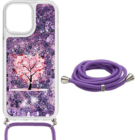 SEHEYA Handys Kette Hülle für Samsung Galaxy S7 Edge Flüssigkeit Glitzer Handyhülle zum umhängen Transparent Silikon Schutzhülle mit Band Kordel Case Mädchen, Liebe Herz Baum