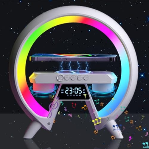 Wireless Speaker Charger Light,LED Bedside Lamp 4-in-1 Alarm Clock,Mood Light,Speaker & Wireless Charger 15w,G Shape Rgb Colour Changing Lamp for Bedroom,Birthday Gifts for Teenage Girls Boys Friends