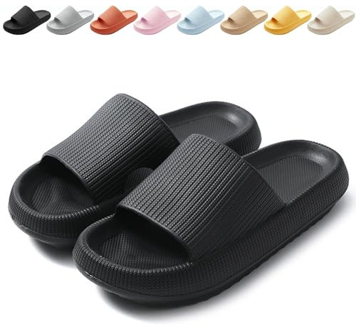 BHFRGAS Sliders Cloud Slippers Women Men,Non-Slip Mens Womens Slippers Cloud Sliders,Soft Flip Flops with Thick Sole for Shower Bathroom Pool Beach,Black, 6-7 UK