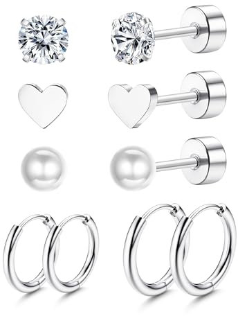 Dochais 5 Paar Titan Ohrring Set, 14K Gold creolen klein, 20G Hypoallergene Ohrstecker Gold, AAAAA Zirkonia Herz Perlen Ohrringe für Damen Herren, Knorpel Huggie Hoop (goldene, Silber, schwarz)