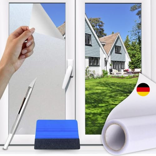 Perfect Cover Milchglasfolie Fenster Sichtschutz Mit Rakel, Fensterfolie Blickdicht Von Aussen, Sonnenschutzfolie Fenster Außen, UV Schutzfolie Für Zuhause Büro Küche (30x200)