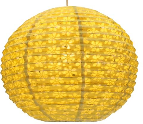 GURU SHOP Runder Lokta Papierlampenschirm, Boho Hängelampe Coronada - Ø 35 cm Gelb