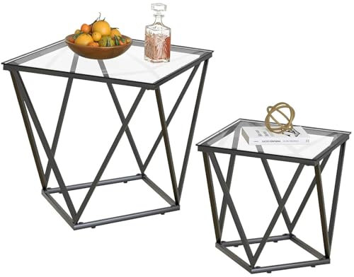 Quadratisch Couchtisch 2er Set, Moderne Wohnzimmertisch, Couchtisch Aus Glas, Wohnzimmertisch Klein, Beistelltisch, Sofatisch, Coffee Table für Wohnzimmer, Schlafzimmer, Büro, Transparentes Glas