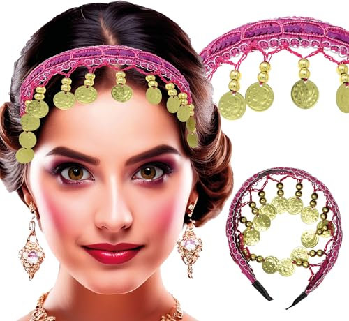 FIESTAS GUIRCA | Haarreif mit goldenen Münzen Pink (Einheitsgröße) - Zubehör für Desert Princess, Zigeuner und Wahrsager Kostüm - Ideal für Karneval, Partys und Feiern - Erwachsene - Pink