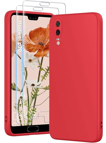 HuwaiH 3 in 1 Hülle für Huawei P20, mit 2 Stück 9H 0.33mm Panzerglas, Upgraded Kameraschutz, Kratzfeste Stoßfeste Handyhülle für Huawei P20(Rot)