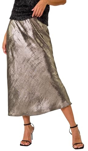 Roman Originals Satin Bias Cut Midi Skirt for Women UK - Ladies Everyday Holiday Spring Summer Silky Comfy Soft Evening Vacation Work Party - Silver - Size 10