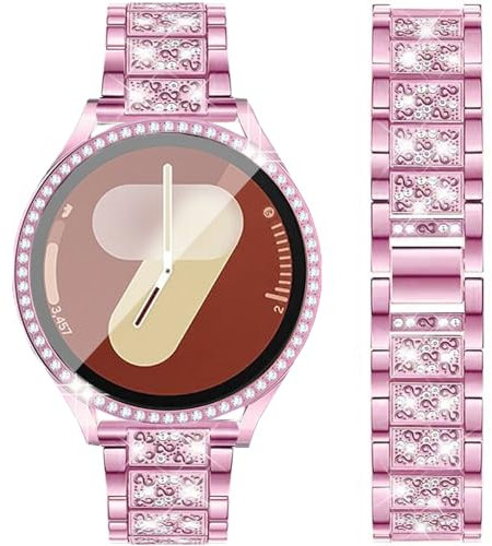 DEALELE Bracelet et coque en verre trempé compatibles avec Samsung Galaxy Watch 7 40 mm, 20 mm, bracelets en métal diamant brillant et coque de protection complète d'écran pour homme et femme (rose)