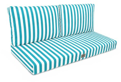 Déco Arts — Lot de 3 Coussins Déhoussables Salon Jardin 120x60 — Assise 120x60 + 2 Dossiers 60x35 cm — Imperméable Anti-UV — Remplacement Mobilier Jardin Terrasse Balcon Véranda — Rayures Turquoises