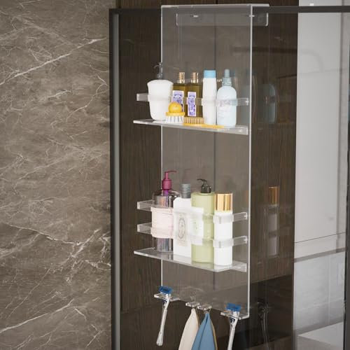 Nynelly Mensola da Doccia in Acrilico Senza Foratura - Porta shampoo doccia Doccia da Appendere con Ganci, Organizer da Doccia, Ripiano Doccia da Appendere per Porte in Vetro