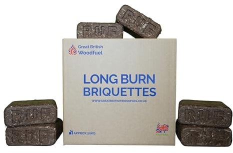British Woodfuel Long Burn Briquettes, 20 pack Box - Softwood Bark Solid Fire Fuel for Wood Burning Stoves & Multi-fuel Appliances, Long Burning, Eco-friendly, Sustainable