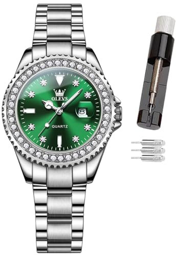 OLEVS Damen-Armbanduhr, kleines Handgelenk, Rotgold, Diamant-Zifferblatt, Quarzuhr, modisch, nachtleuchtend, wasserdicht, analoge Uhr für Frauen, Romantisches Geschenk für Freundin, 9945, grüne