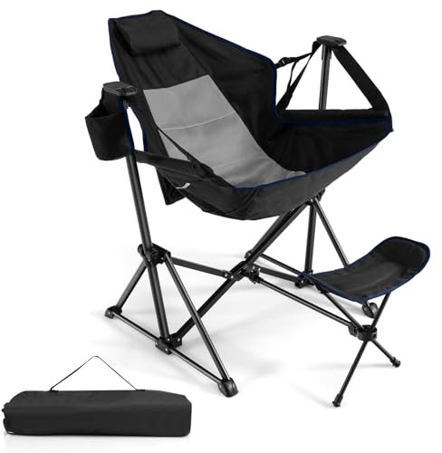 COSTWAY Campingstuhl mit Fußstütze, Verstellbarer Rückenlehne, Kopfstütze & Getränkehalter, klappbarer Angelstuhl, Faltstuhl, Klappstuhl, Tragfähigkeit 150 kg, inklusive Tragetasche (Schwarz)