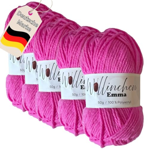 Wollinchen Wolle Emma - 5 x 50g - leuchtende Farben, Babywolle, Wolle zum Stricken, Häkeln, Knüpfen oder Basteln (Pink)