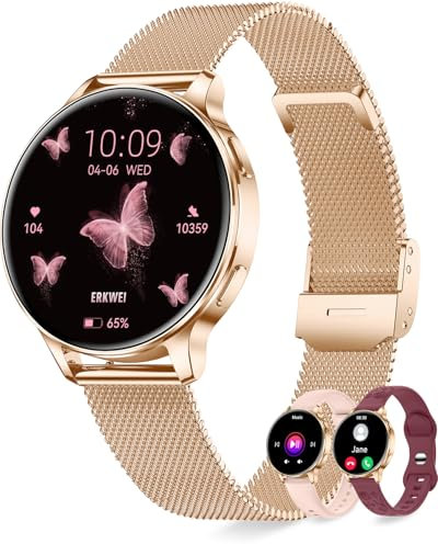 Erkwei Montre Connectée Femme Ronde avec Appel Bluetooth 3 Bracelets AMOLED 41mm Petite Montre Podometre Smartwatch avec Fréquence Cardiaque Sommeil Calculateur 110+ Sport pour Andriod iOS, Or Rose