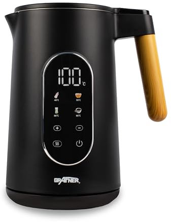 Grafner Edelstahl Wasserkocher mit Temperatureinstellung, 40°C-100°C, großes Display, Warmhaltefunktion und Memoryfunktion, 4 Programme, Doppelwand, 1,7 Liter, 2200 Watt, Teekocher digital (Schwarz)