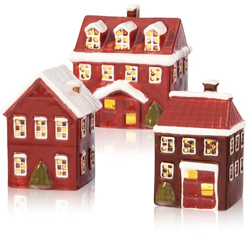 DN DECONATION Weihnachtsdeko Häuser Set 3er – Rot Weiß weihnachtshäuser | mit LED Deko Weihnachten – Keramik Lichthäuser Weihnachtsdorf mit Beleuchtung – Weihnachtsdeko Haus innen Christmas Village
