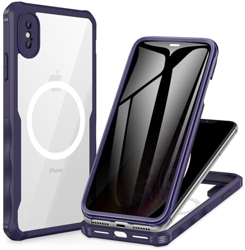 CENHUFO Magnetica Privacy Cover iPhone XS Max [Compatibile con Magsafe] Protezione Schermo Anti Spia Vetro Temperato Integrata, Custodia Antiurto 360 Gradi Rugged Fronte Retro Doppia Case - Viola