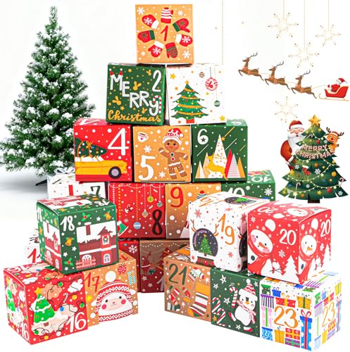 Koxtyzo 24 Adventskalender zum Befüllen, 7x7x7cm Adventskalender Boxen zum Befüllen, Weihnachtskalender Boxen zum Selber Basteln, DIY Schachteln Weihnachten, Weihnachten Geschenk﻿, Weihnachtsdeko