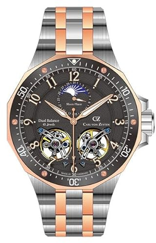 Carl von Zeyten Herren Automatikuhr CVZ0093RBKM - Dual-Balance & Mondphase - Edelstahl Bicolor 316L - Automatikwerk Cal. 225 mit 45 Steinen - Saphirglas, Made in Germany - Modell „Kirchzarten“**