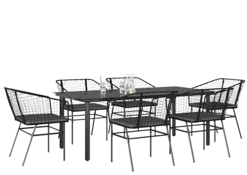 Teenpull Juego de comedor de jardín de ratán negro de polirratán, mesa de cristal de 200 x 100 cm, con cojín, para terraza, balcón, comedor, resistente a la intemperie